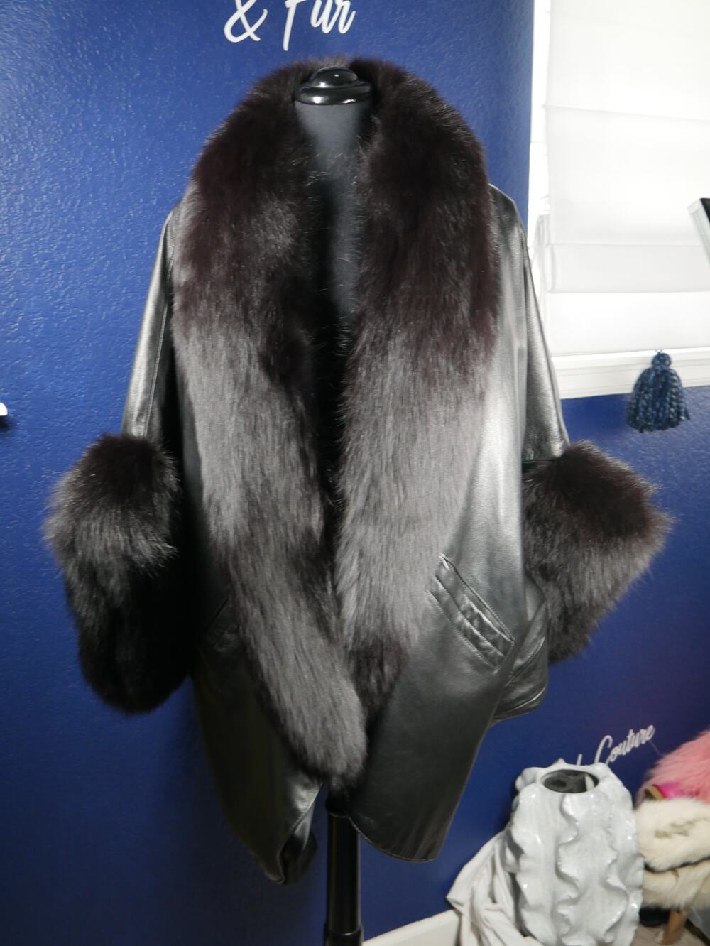 Stunning cocoon leather coat with black fox fur trim kimono sleeves